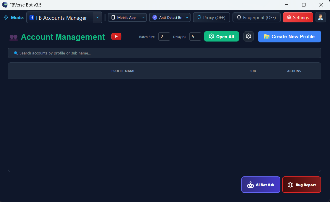 Centralized Account & Browser Manager - FBVerse Bot v3.7 Interface Screenshot